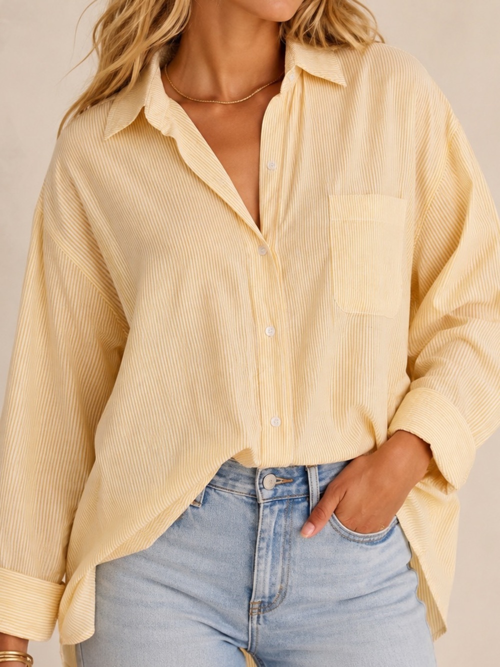 VICI Yellow White Striped Oversized Button Down Shirt Medium Relaxed Coastal